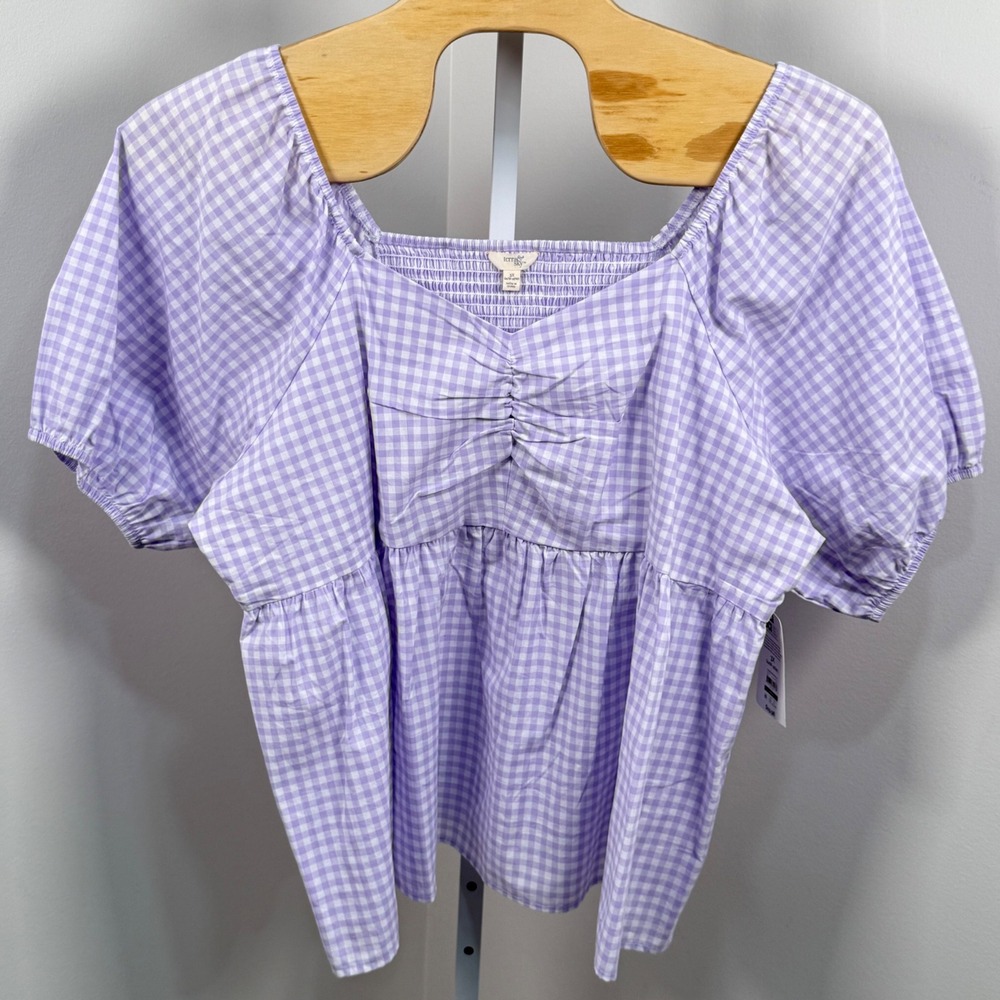 Terra Sky Womens 3X Blouse Lavender Gingham Puff Sleeve‎ Smocked Cottagecore Top